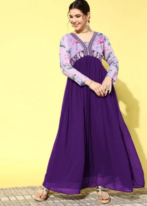 Generic Women's Georgette Embroidery 3-4th Sleeve V-Neck Kurti (Purple)