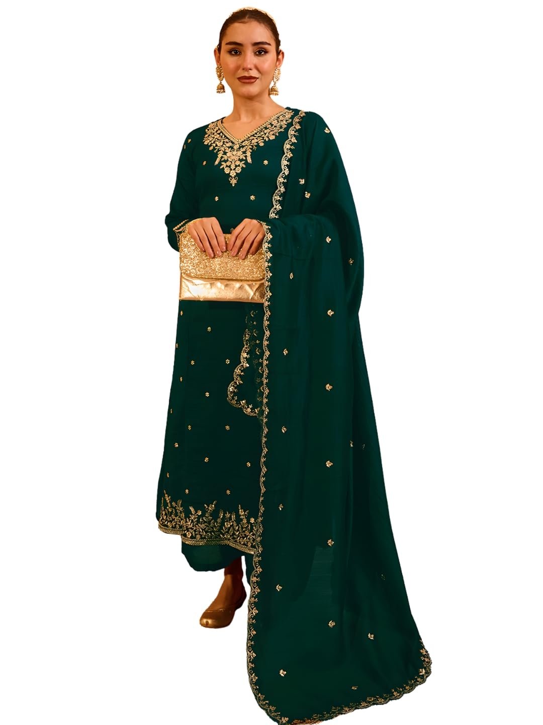 Naixa Women's Vichitra Silk Embroidered A-Line Kurta with Pant and Dupatta Sets (NX-845)