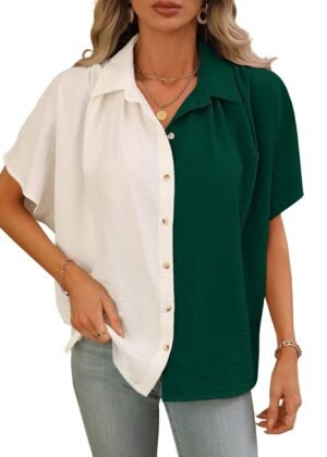 GRECIILOOKS Shirts for Women Korean Style Short Sleeve Oversized Button Down | Plus Size Workwear Top for Office & Casual Wear (Available in Plus Size) Polycotton