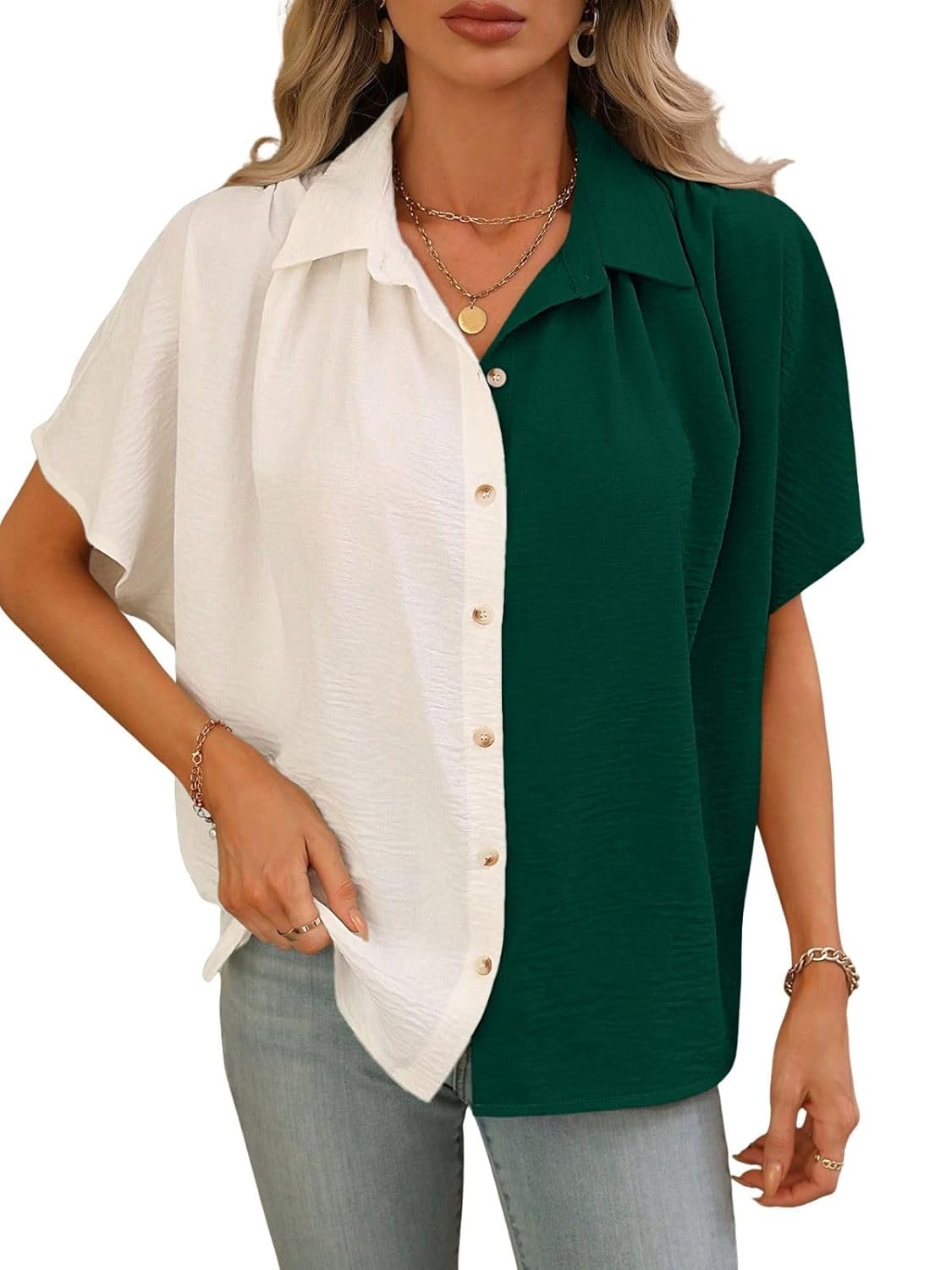 GRECIILOOKS Shirts for Women Korean Style Short Sleeve Oversized Button Down | Plus Size Workwear Top for Office & Casual Wear (Available in Plus Size) Polycotton