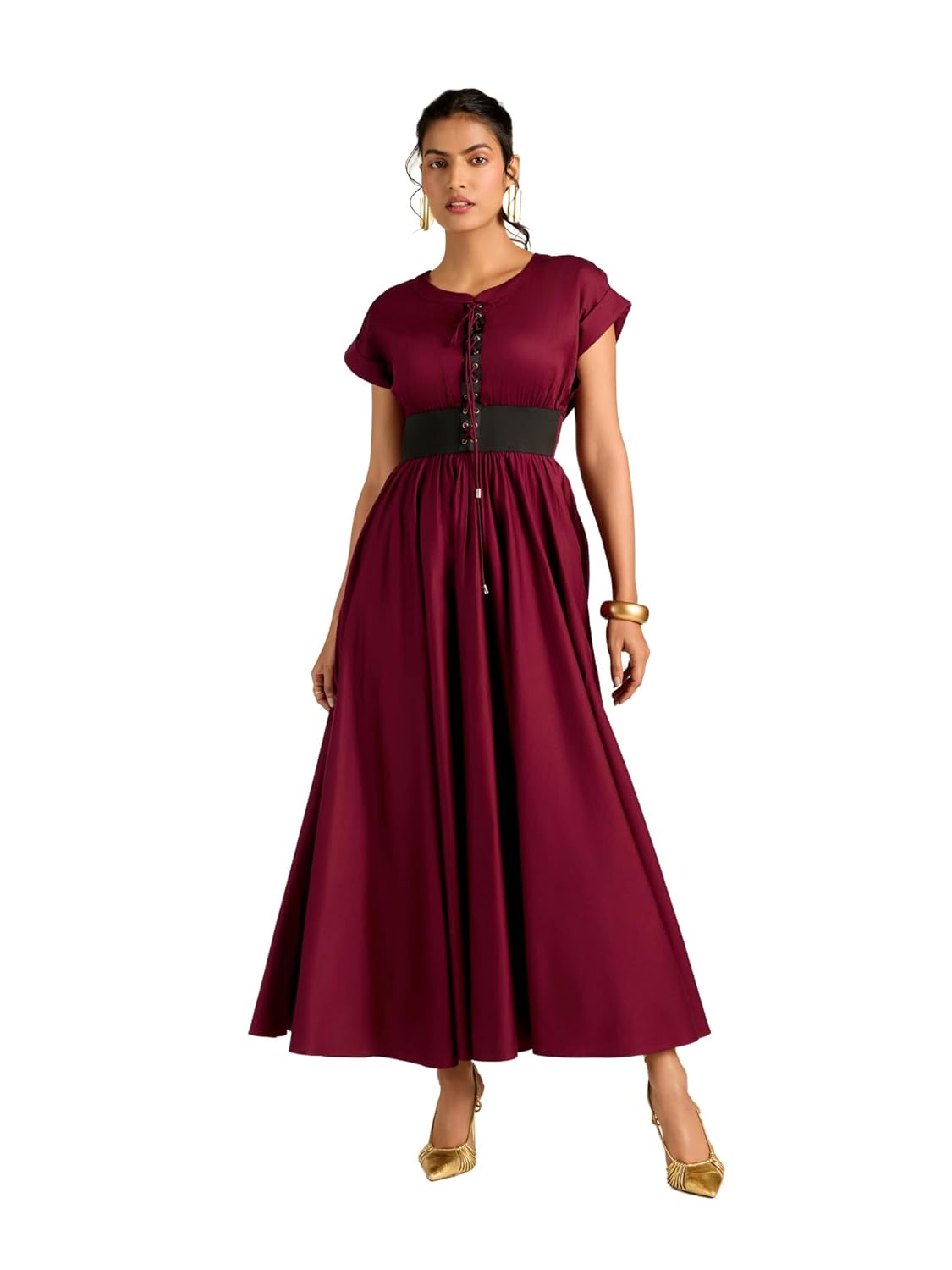 Label RITU KUMAR Wine Velda Short Sleeves Solid Long Dress
