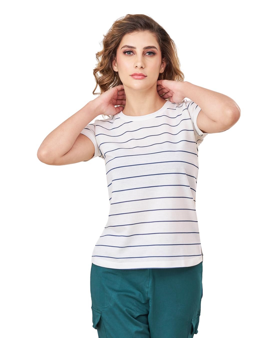 Lango Women T Shirt Cotton Blend – Crew Neck Short Sleeve Striped Womens Tshirt | Regular Fit Casual T-Shirt for Woman | Soft Breathable Women Tees