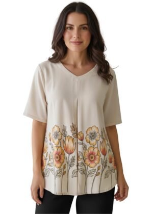 Bollyclues Women's Floral Printed Top | Soft Polycotton V-Neck Short Sleeve Tunic for Casual & Office Wear | Comfortable Ladies Top