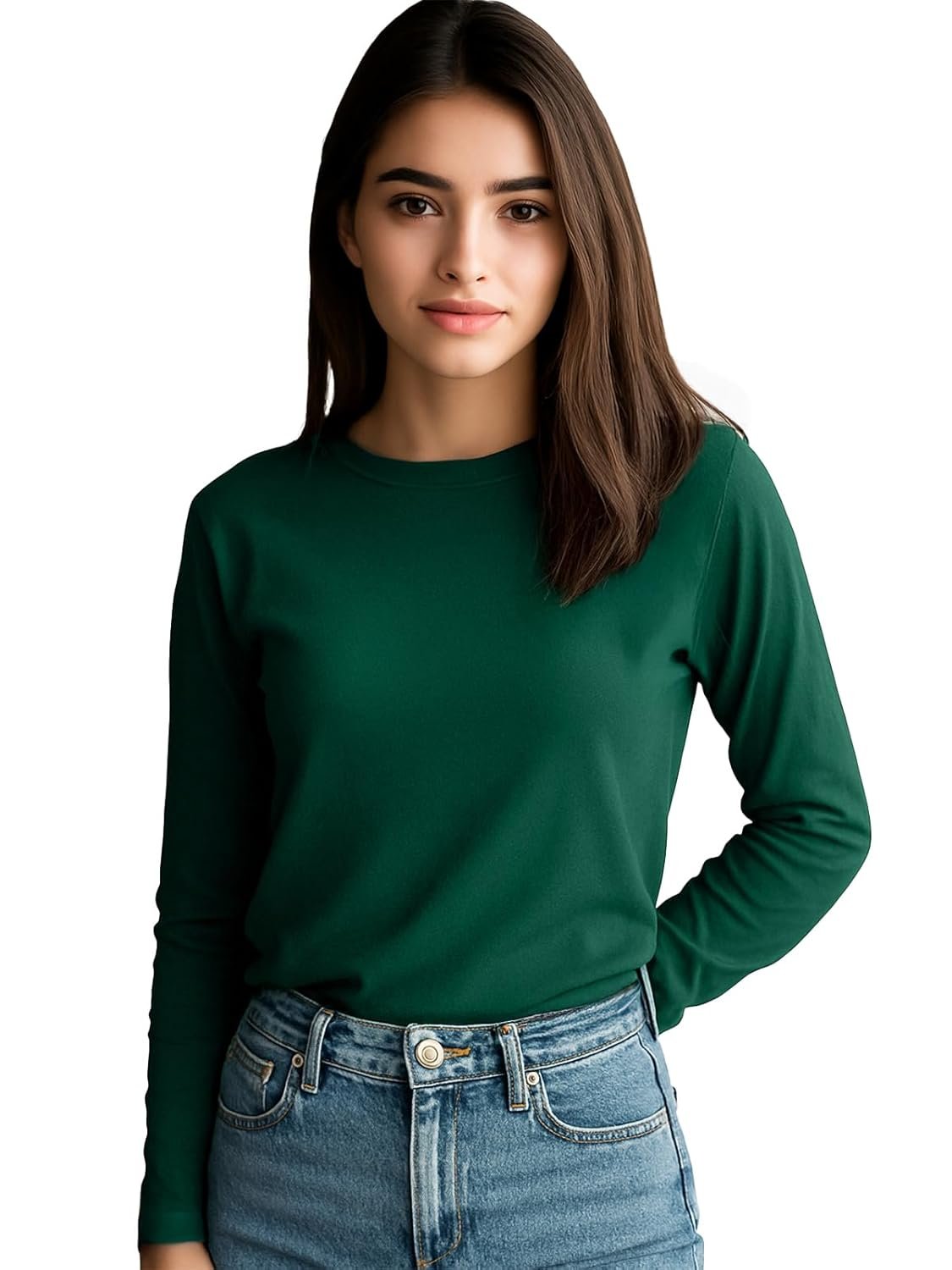 JUNEBERRY® Pure Cotton Round Neck Regular Fit Core Fashion Solid Full Sleeve T-Shirt for Women & Girls (Colors: Black, Cork, Green, Navy, Swanwhite & White) - Image 3