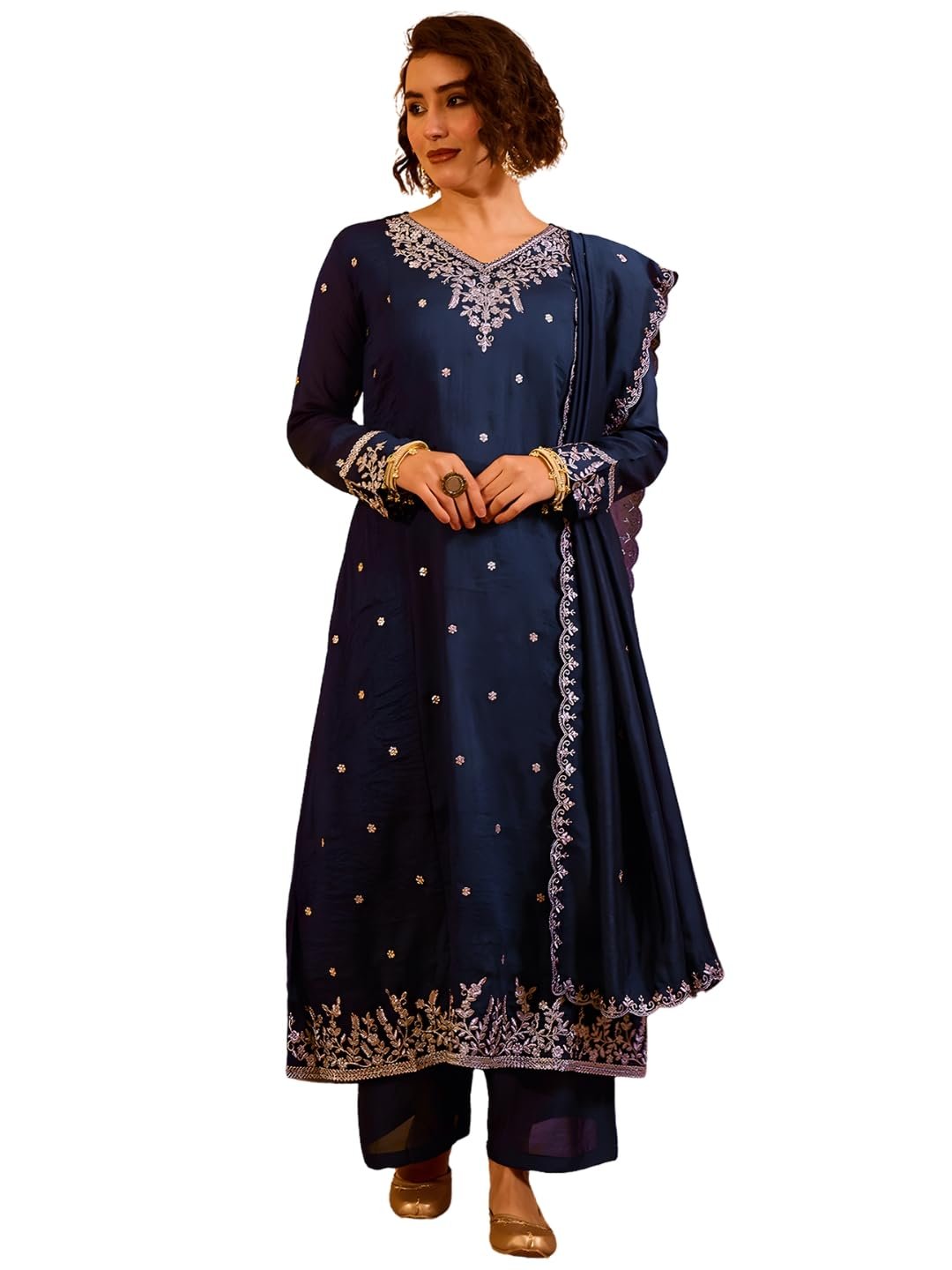 Naixa Women's Vichitra Silk Embroidered A-Line Kurta with Pant and Dupatta Sets (NX-845) - Image 4