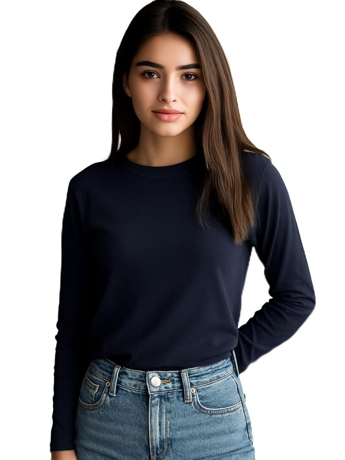 JUNEBERRY® Pure Cotton Round Neck Regular Fit Core Fashion Solid Full Sleeve T-Shirt for Women & Girls (Colors: Black, Cork, Green, Navy, Swanwhite & White) - Image 5