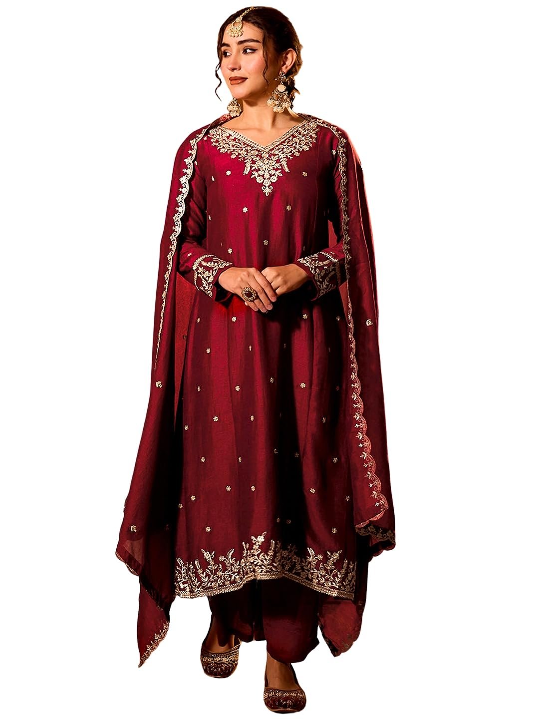 Naixa Women's Vichitra Silk Embroidered A-Line Kurta with Pant and Dupatta Sets (NX-845) - Image 3