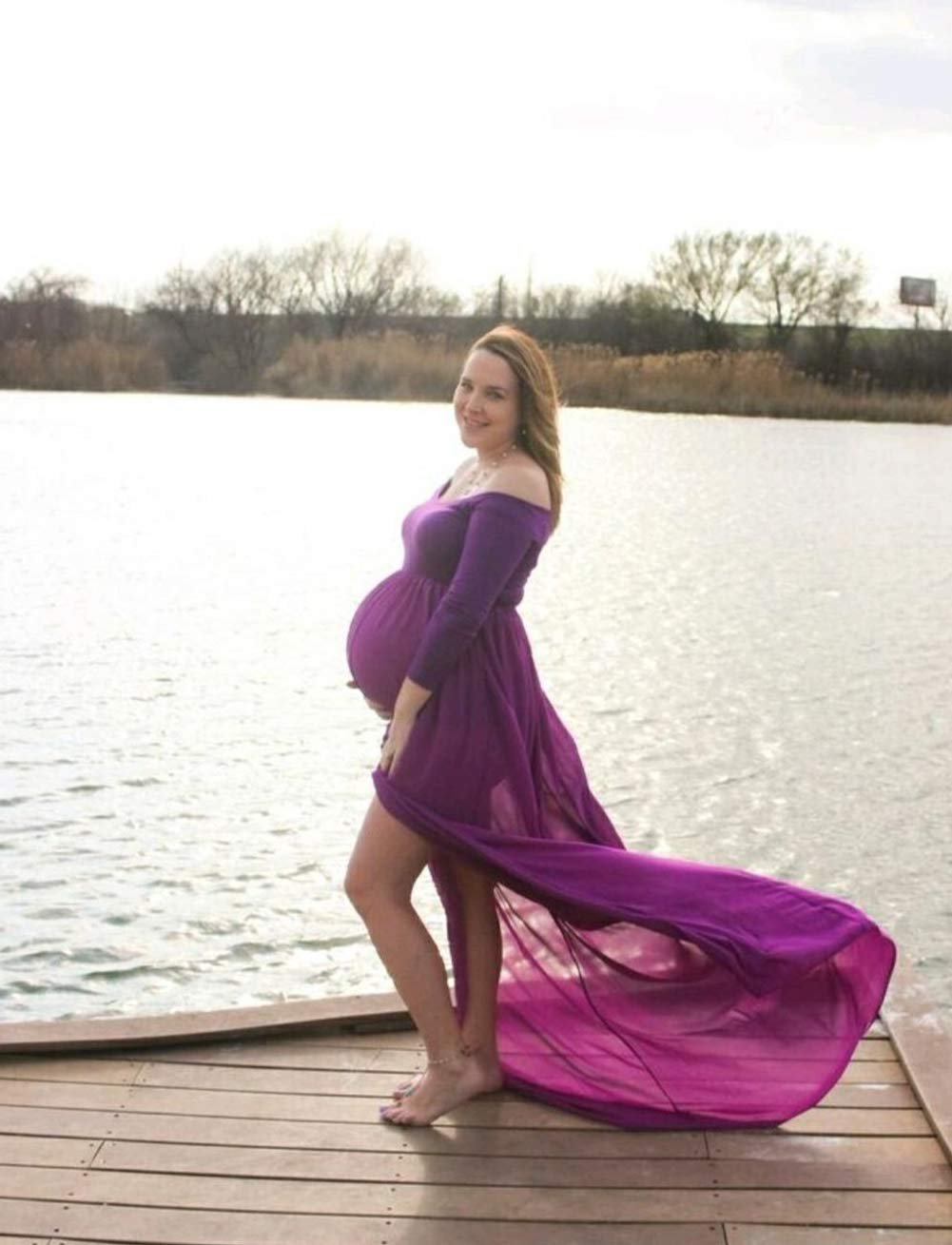 ZIUMUDY Maternity Maxi Chiffon Photography Dress Split Front Gown for Photoshoot - Image 2
