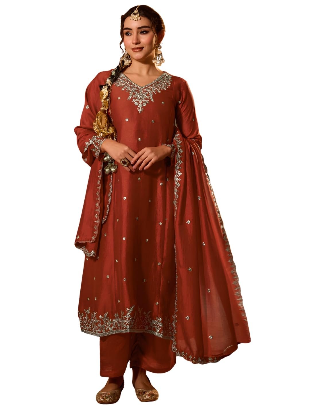 Naixa Women's Vichitra Silk Embroidered A-Line Kurta with Pant and Dupatta Sets (NX-845) - Image 5
