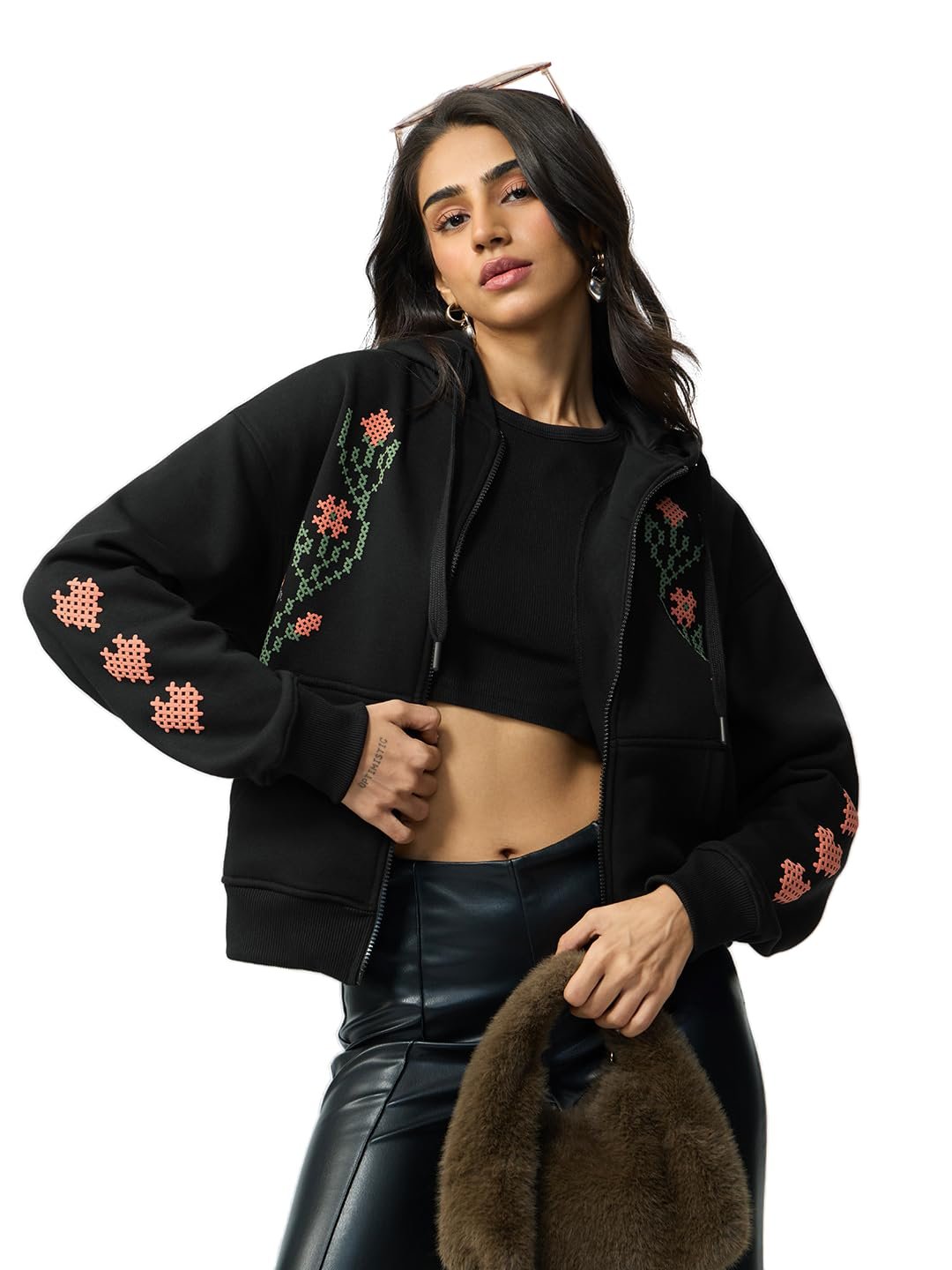 The Souled Store Ladybug Women and Girls Long Sleeve Hooded Neck Black Graphic Printed Cotton Blend Drop Shoulder Streetwear Trendy Zipper Oversized Hoodie