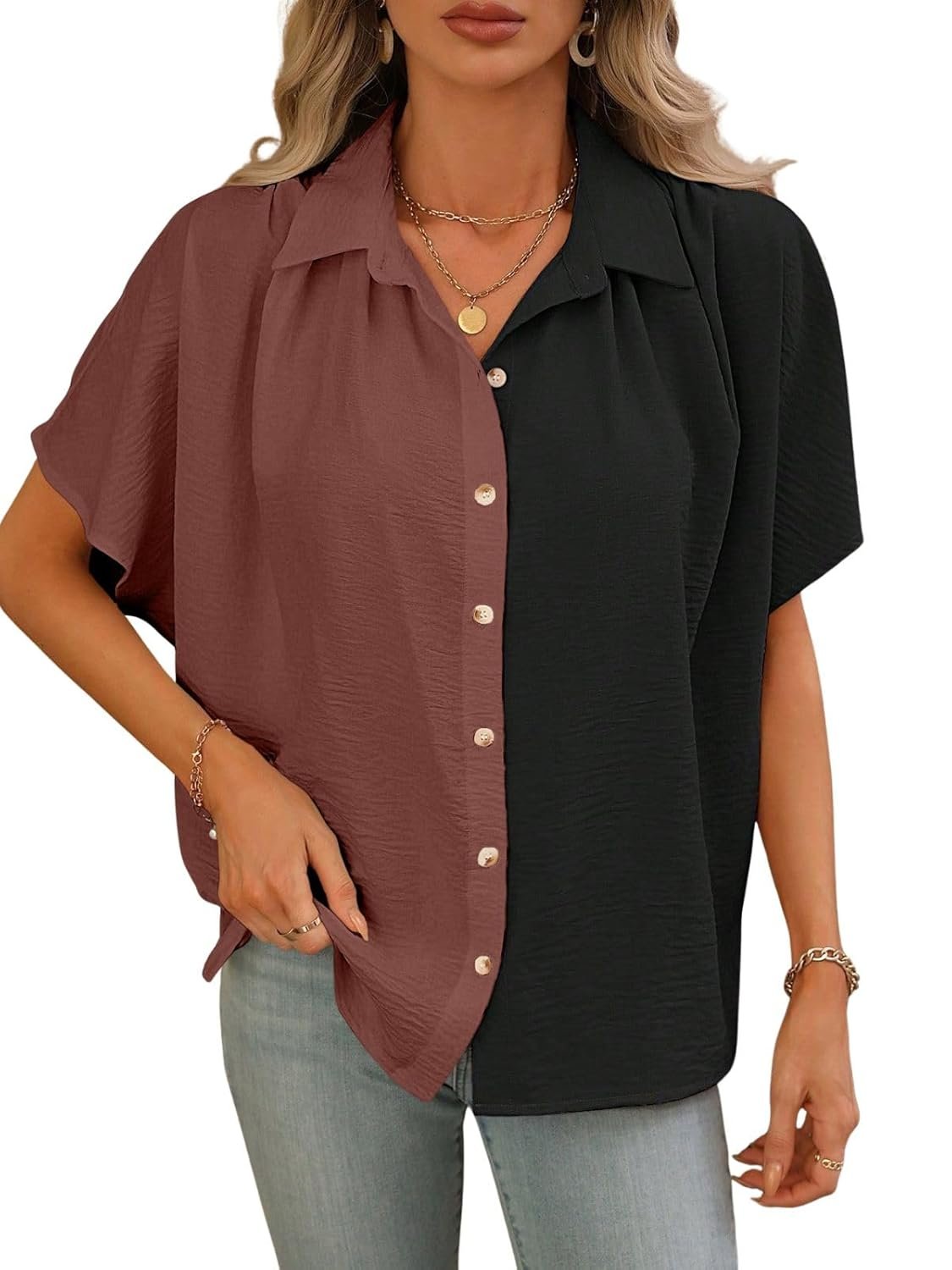 GRECIILOOKS Shirts for Women Korean Style Short Sleeve Oversized Button Down | Plus Size Workwear Top for Office & Casual Wear (Available in Plus Size) Polycotton - Image 4