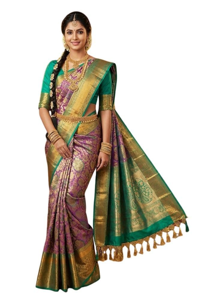 VFCollections Women's Kanchipuram Silk Pure Pattu Sarees With Blouse
