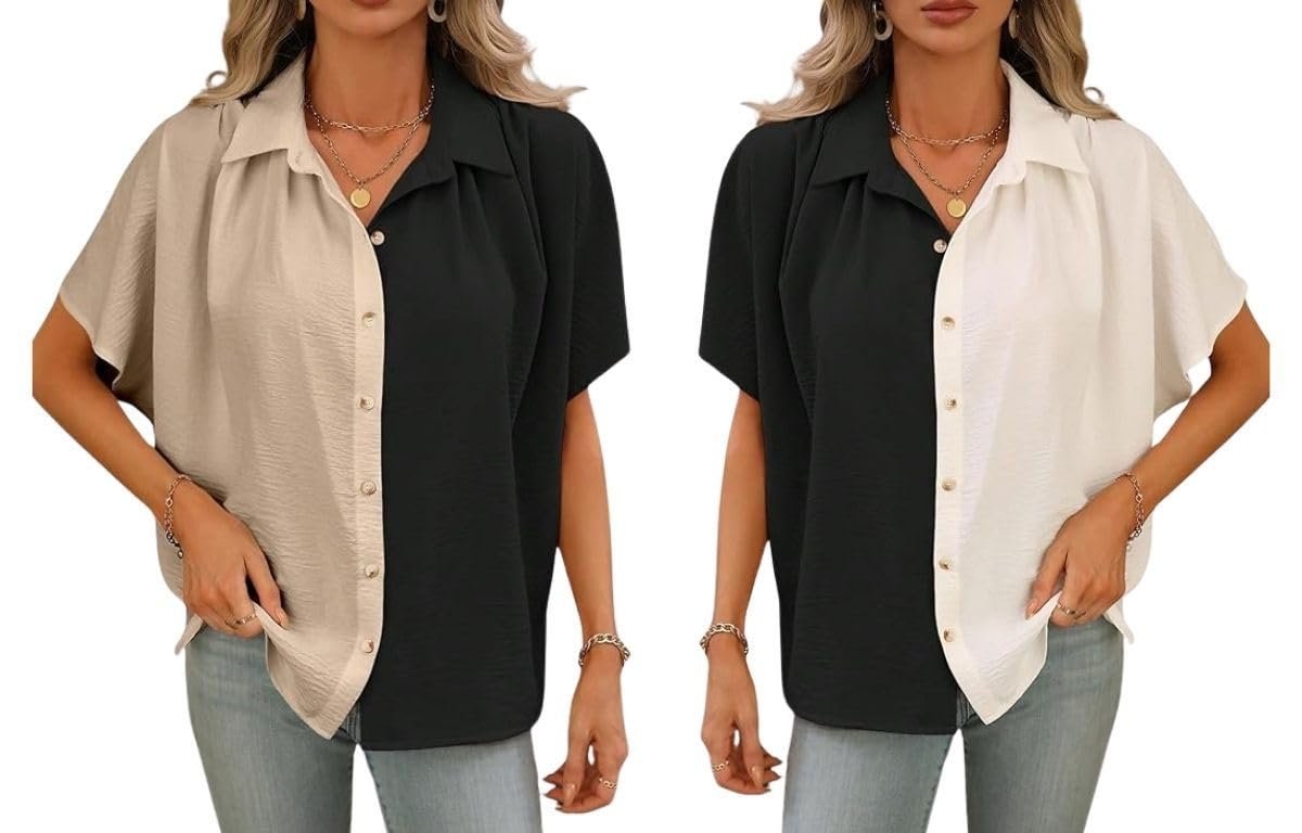 GRECIILOOKS Shirts for Women Korean Style Short Sleeve Oversized Button Down | Plus Size Workwear Top for Office & Casual Wear (Available in Plus Size) Polycotton - Image 3