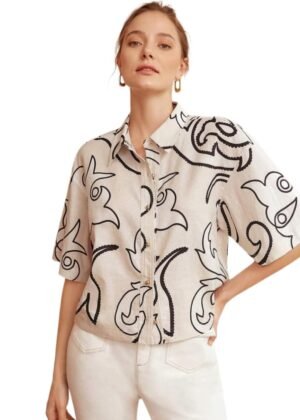 Women's Button-Down Cotton Short Sleeve Shirt Casual Loose Fit Blouse with Abstract Print Lightweight Summer Top for Office Outfits, Travel, Brunch, and Comfortable Everyday Style