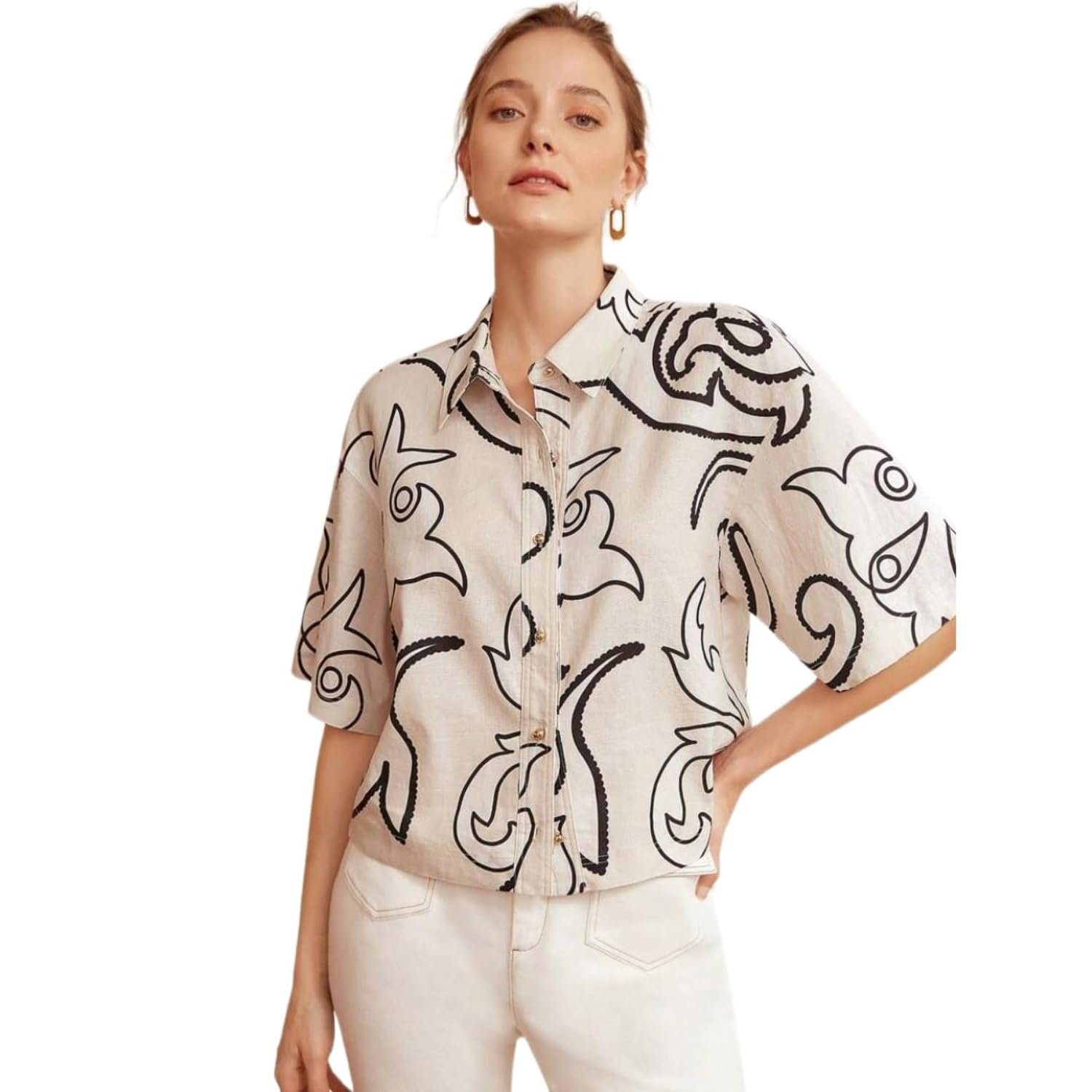 Women's Button-Down Cotton Short Sleeve Shirt Casual Loose Fit Blouse with Abstract Print Lightweight Summer Top for Office Outfits, Travel, Brunch, and Comfortable Everyday Style