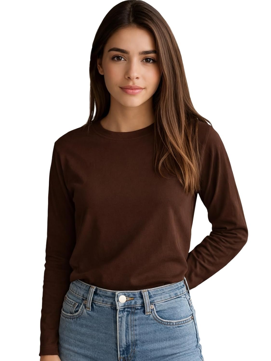 JUNEBERRY® Pure Cotton Round Neck Regular Fit Core Fashion Solid Full Sleeve T-Shirt for Women & Girls (Colors: Black, Cork, Green, Navy, Swanwhite & White) - Image 2