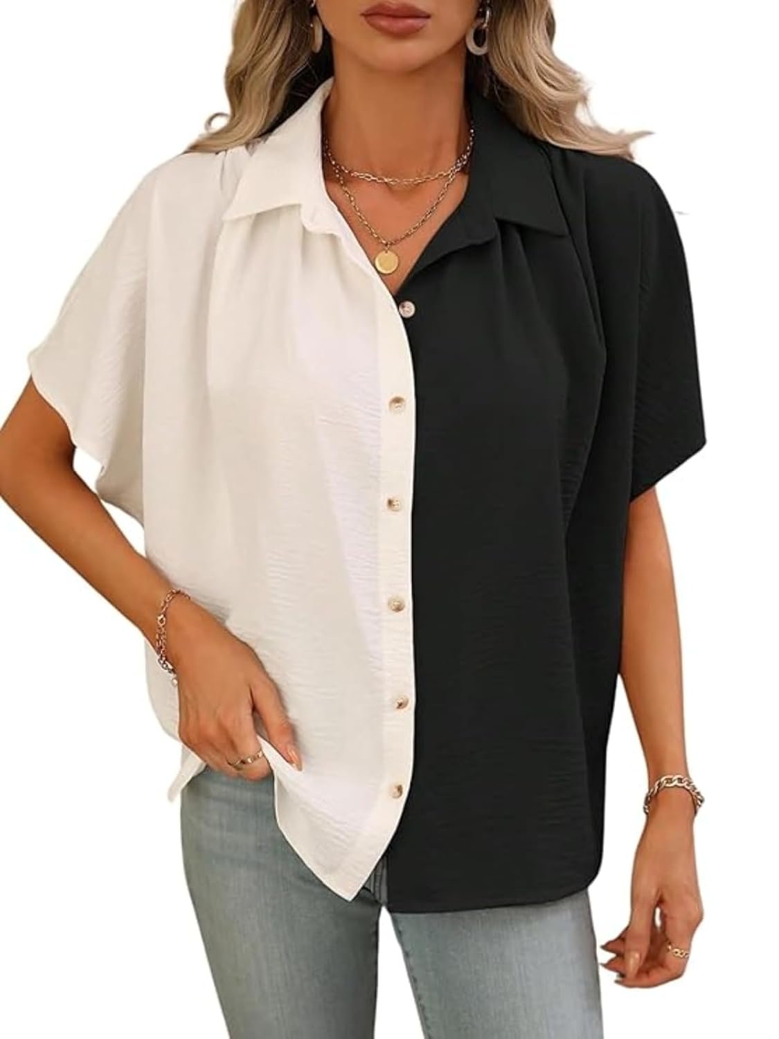 GRECIILOOKS Shirts for Women Korean Style Short Sleeve Oversized Button Down | Plus Size Workwear Top for Office & Casual Wear (Available in Plus Size) Polycotton - Image 8