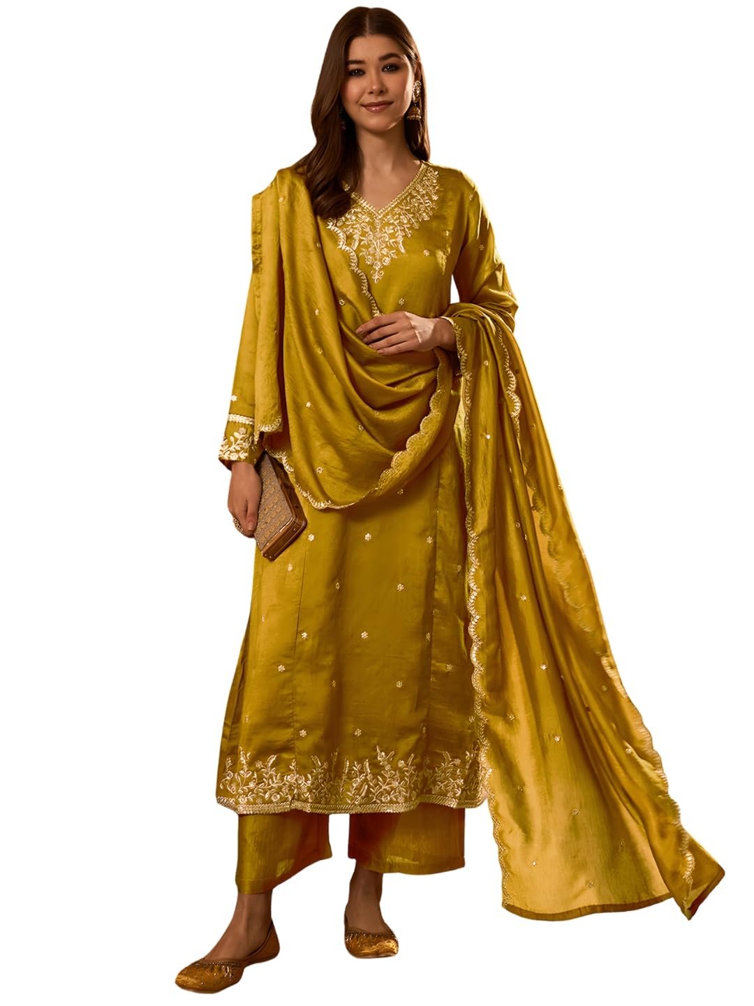 Naixa Women's Vichitra Silk Embroidered A-Line Kurta with Pant and Dupatta Sets (NX-845) - Image 7