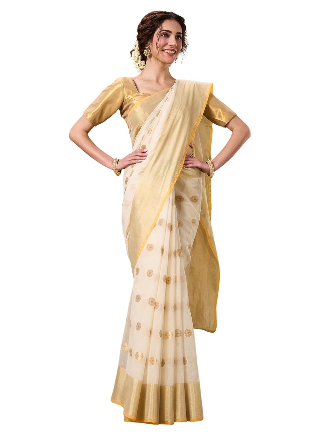 PAROKSH Women's Handloom Banarasi Saree with Unstitched Blouse Piece Kora Tissue Woven Red dot Golden Saree with Zari Pallu - Image 7