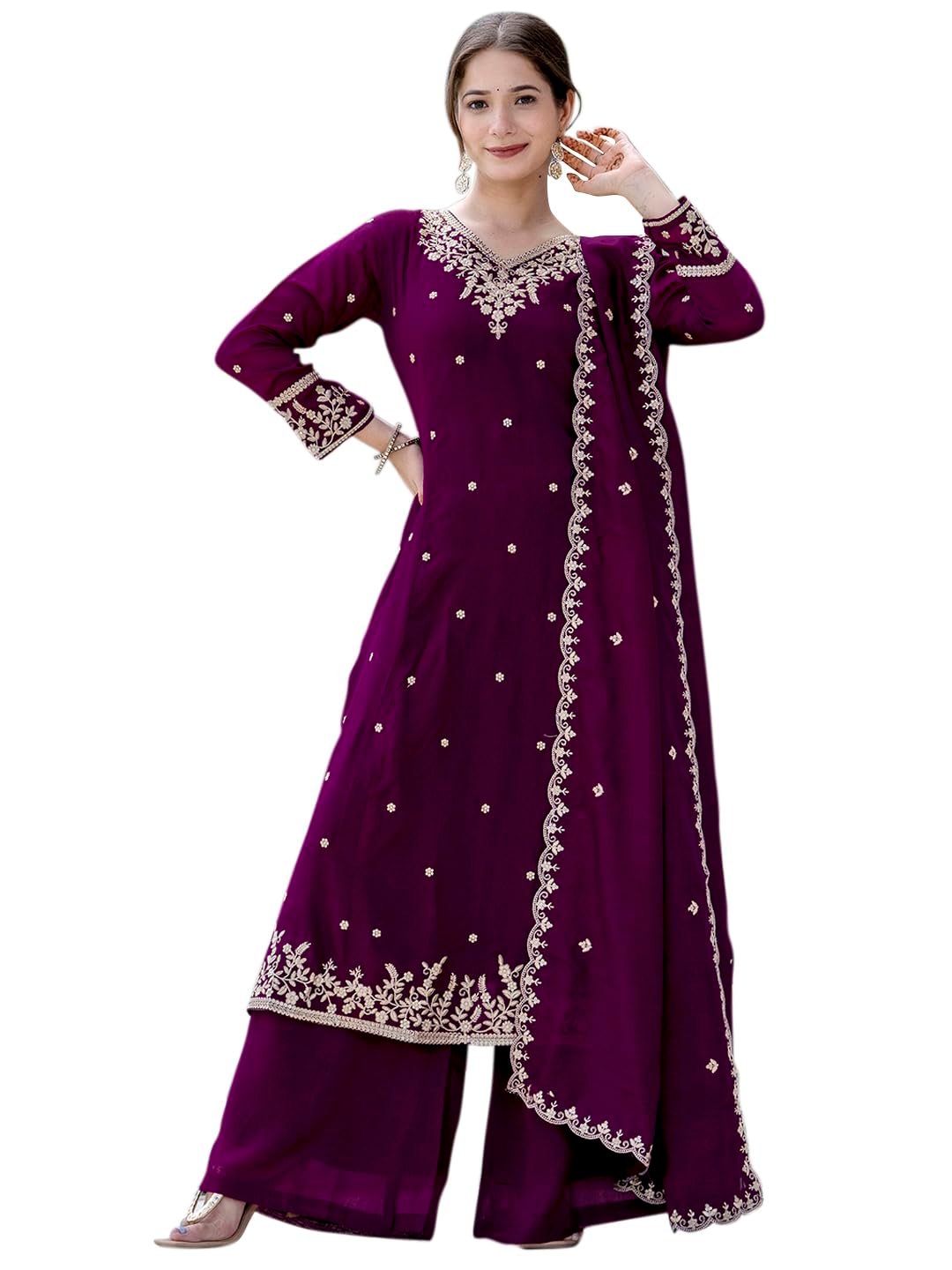 Naixa Women's Vichitra Silk Embroidered A-Line Kurta with Pant and Dupatta Sets (NX-845) - Image 2