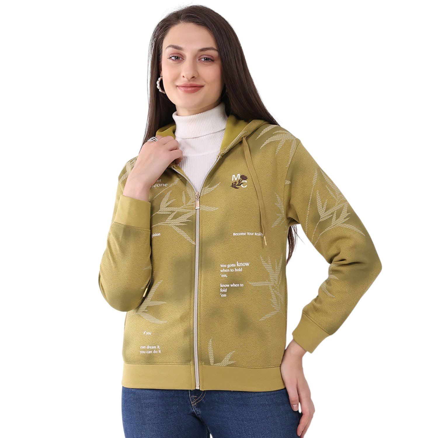 Monte Carlo Women's Regular Fit Sweatshirt | Printed Pattern | Hooded Neck | Full Sleeves | Zip Closure | Stylish Fashionable Warm Winter Wear Sweatshirt for Women (Pack of 1)