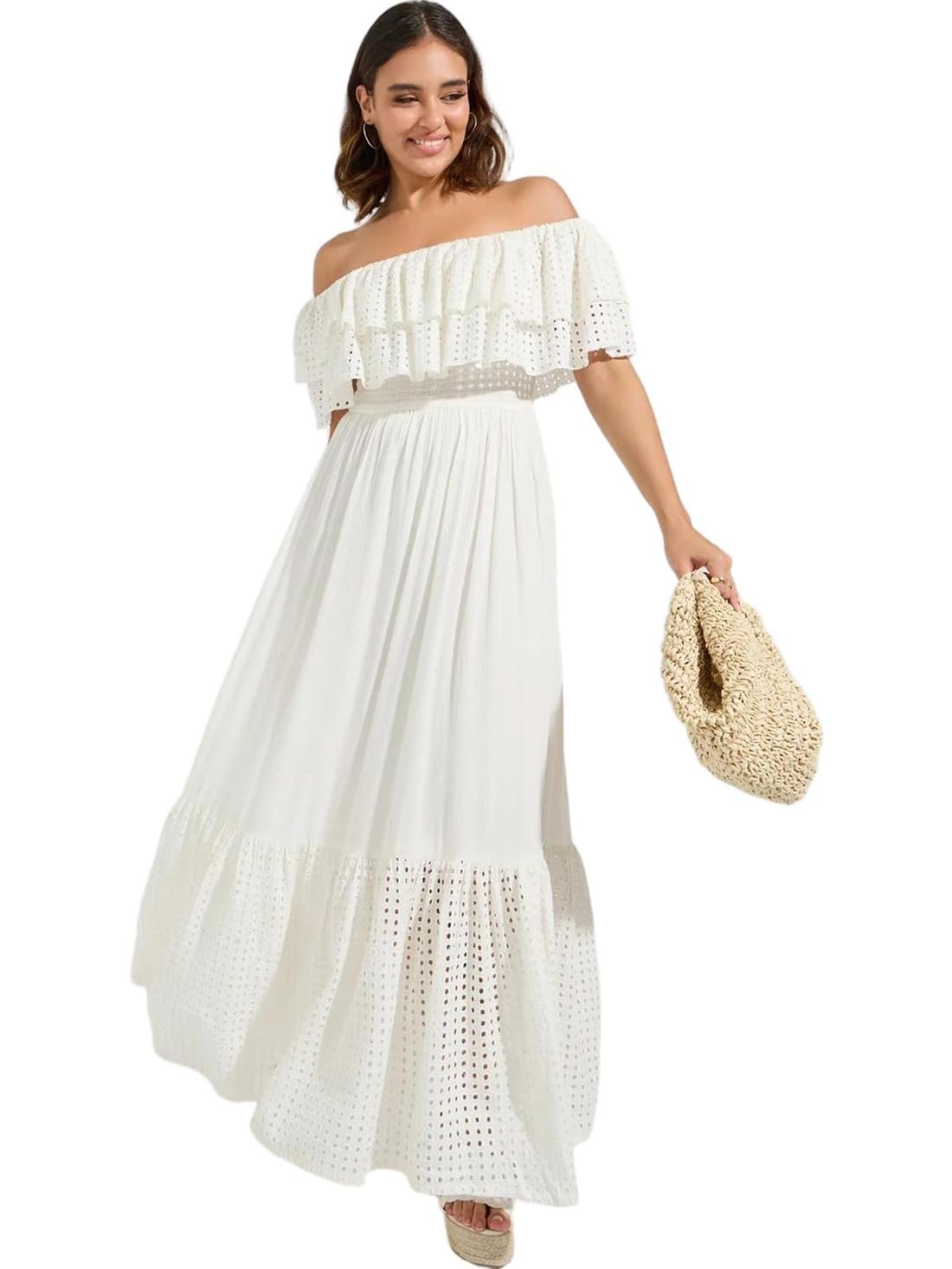 Styli Women Off White Off Shoulder Tiered Maxi Length Dress | Stylish & Comfortable Looks for Casual
