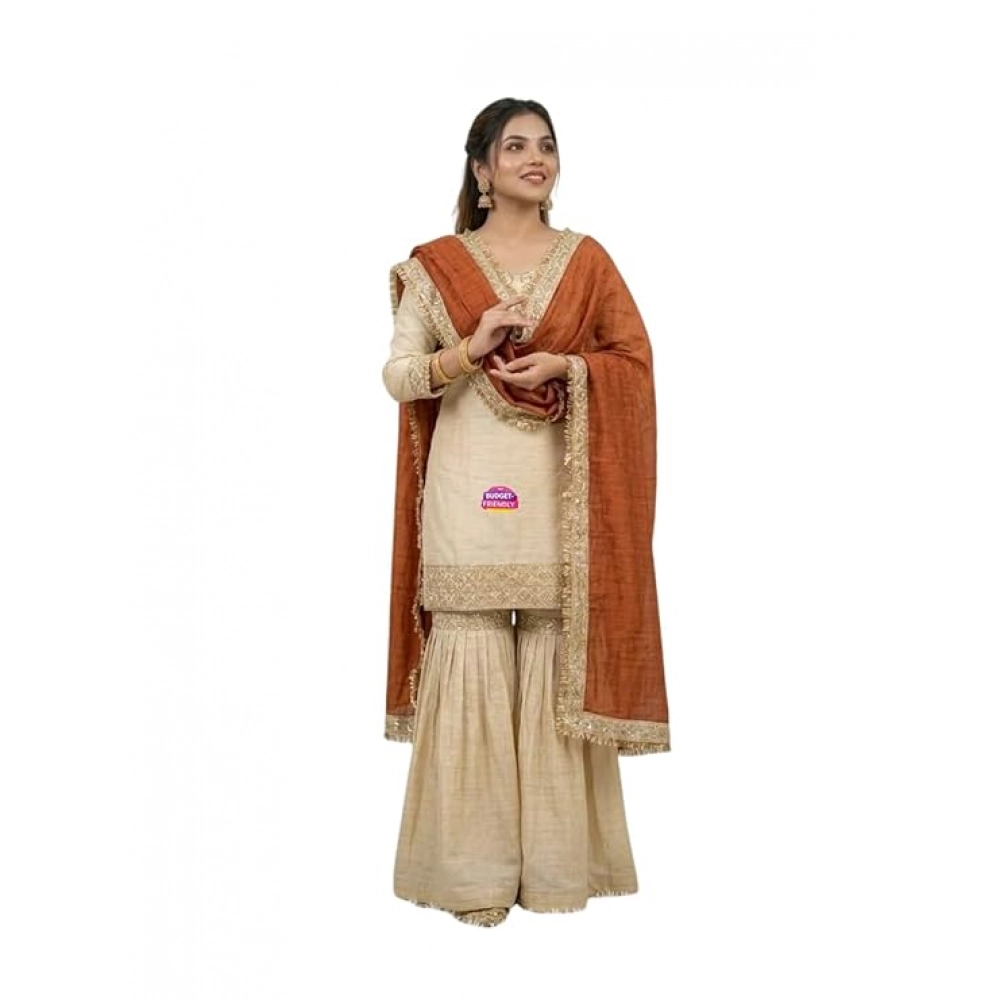 Generic Women's Silk Embroidered 3/4th Sleeve V-Neck Kurti With Sharara Pant and Dupatta Set (Cream & Orange) - Image 2