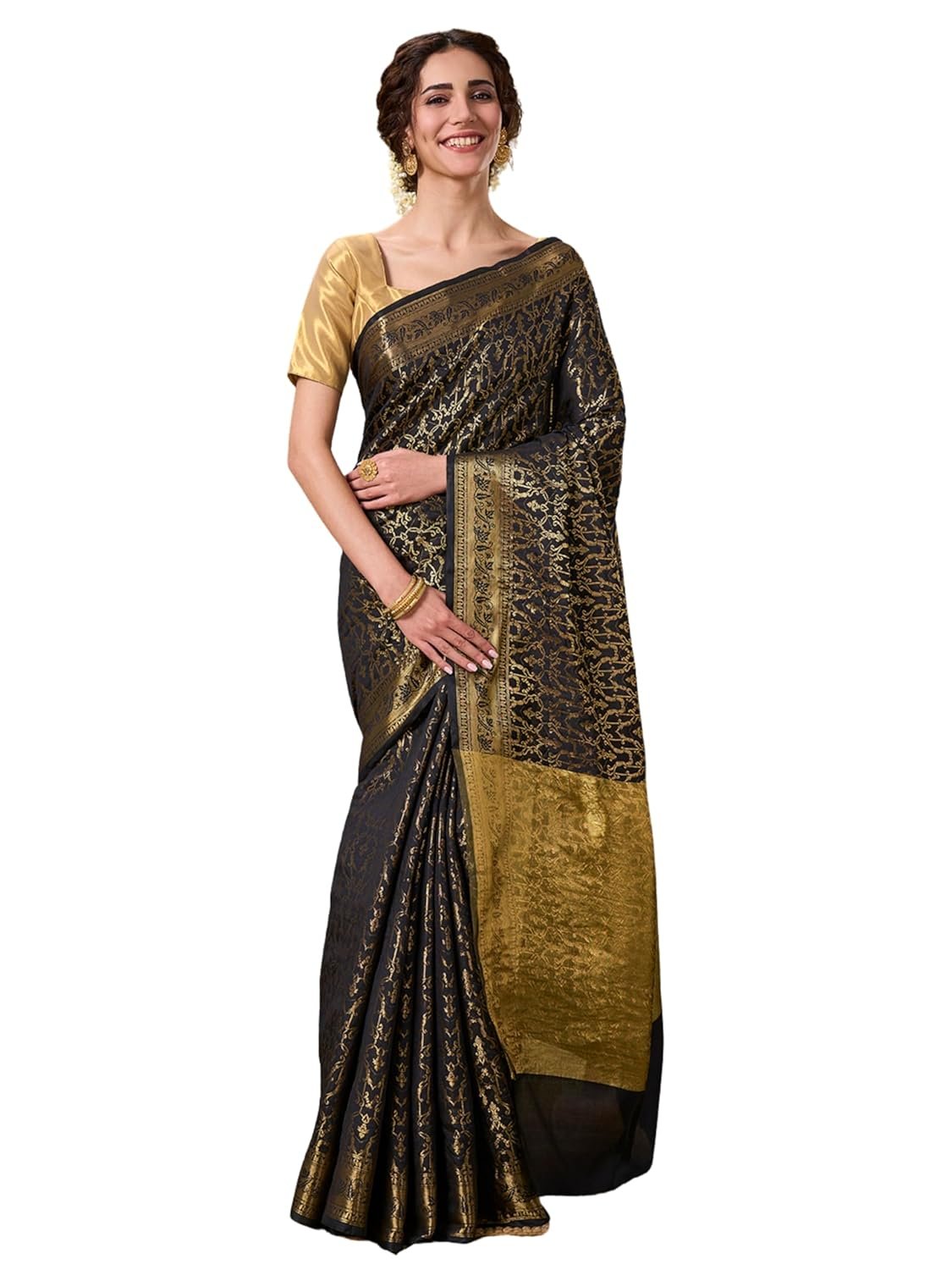 PAROKSH Women's Handloom Banarasi Saree with Unstitched Blouse Piece Kora Tissue Woven Red dot Golden Saree with Zari Pallu - Image 3