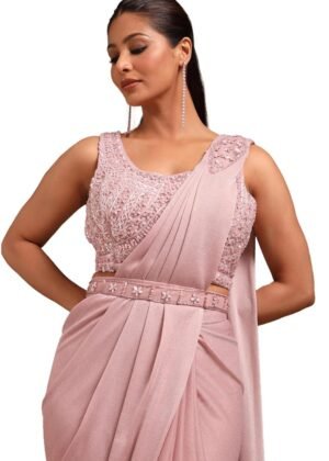 Soch Womens Pink Nylon Blend Solid Ready To Wear Saree With Sequins