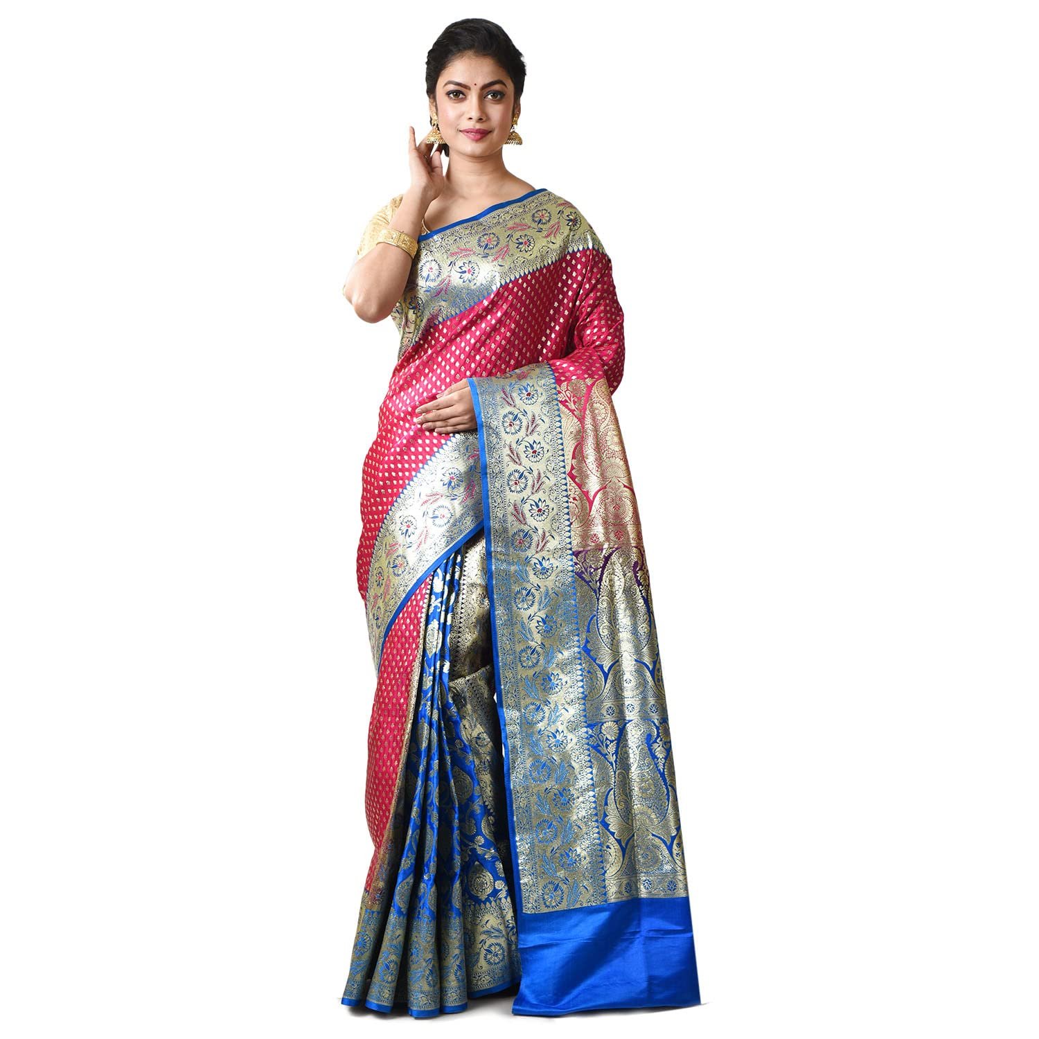 Women Katan Silk Banarasi Saree with All Over Golden Zari Border and Woven Design With Blouse Piece - Image 12