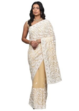 Exotic India Women's Kashmiri Georgette Saree with Aari Embroidered Flowers and Paisleys Jaal Design Saree with Blouse Piece