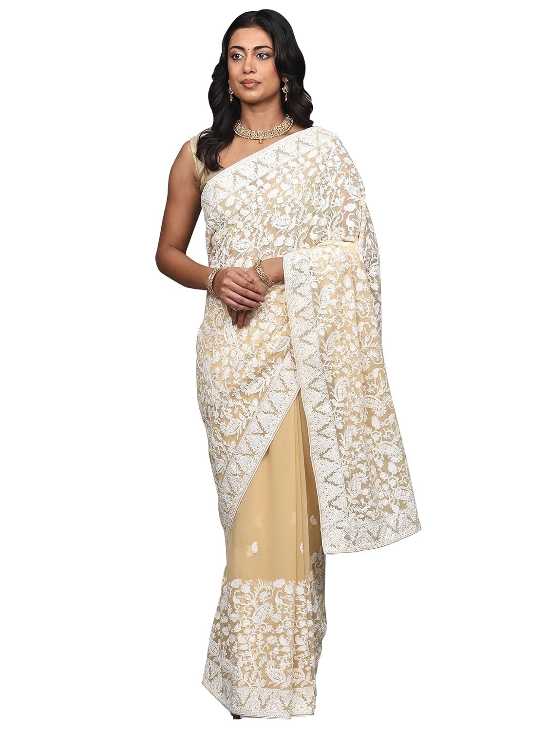 Exotic India Women's Kashmiri Georgette Saree with Aari Embroidered Flowers and Paisleys Jaal Design Saree with Blouse Piece