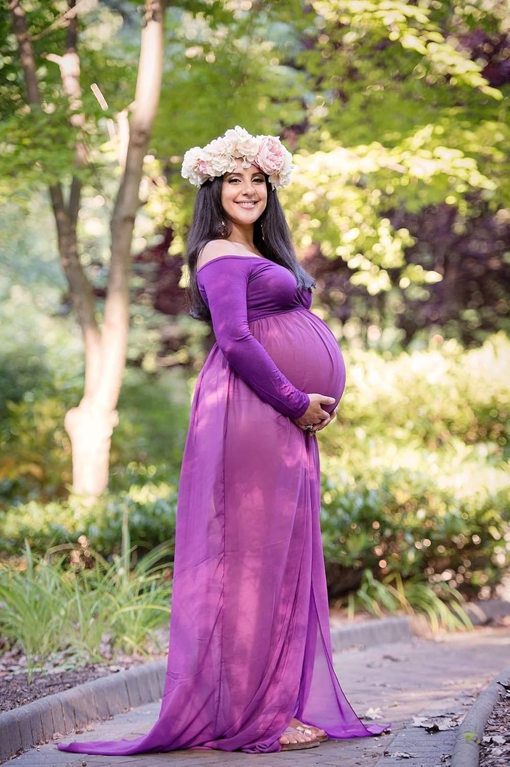 ZIUMUDY Maternity Maxi Chiffon Photography Dress Split Front Gown for Photoshoot - Image 4
