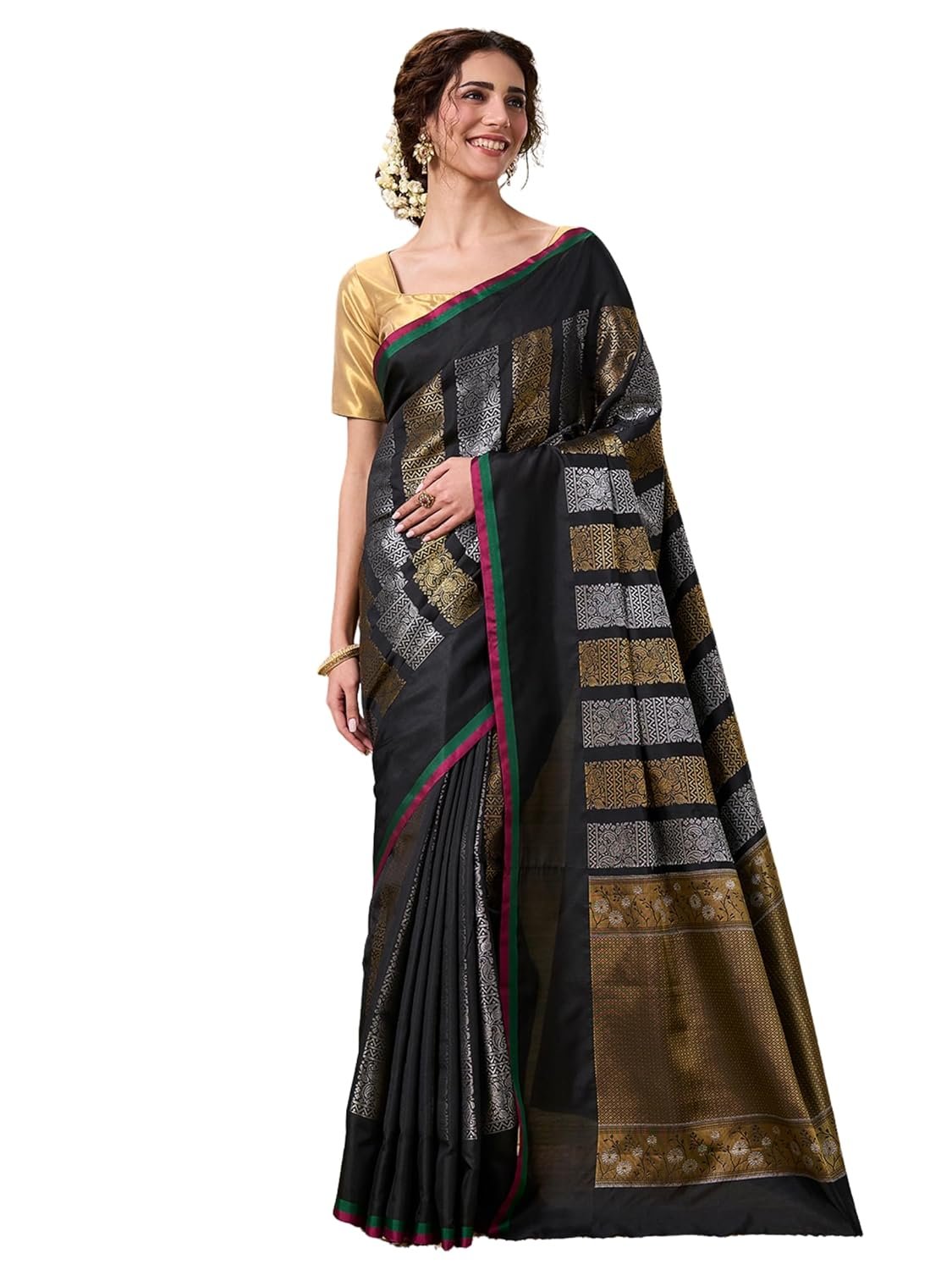 PAROKSH Women's Handloom Banarasi Saree with Unstitched Blouse Piece Kora Tissue Woven Red dot Golden Saree with Zari Pallu - Image 14