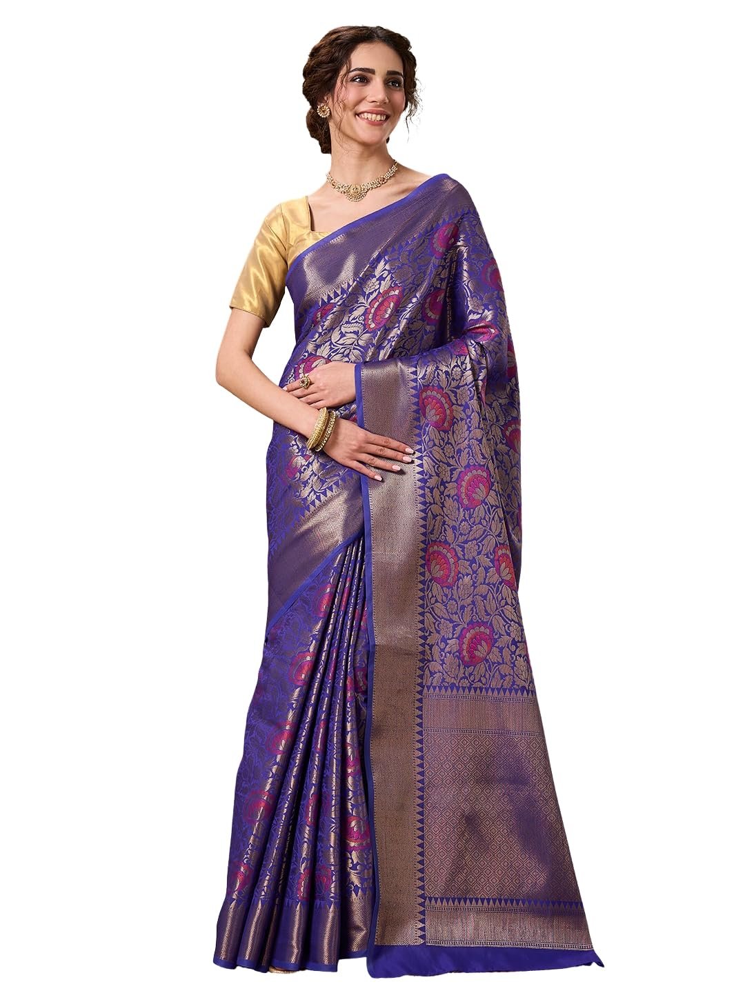 PAROKSH Women's Handloom Banarasi Saree with Unstitched Blouse Piece Kora Tissue Woven Red dot Golden Saree with Zari Pallu - Image 6