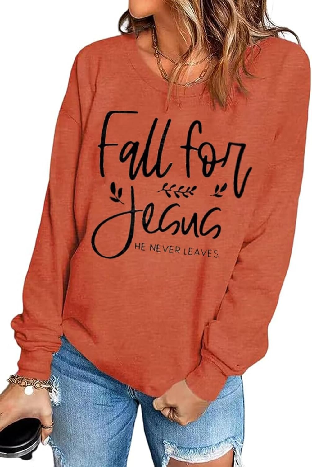 Fall for Jesus He Never Leaves Sweatshirt Women Christian Shirt Thanksgiving Graphic Pullover Tops Long Sleeve Tshirt