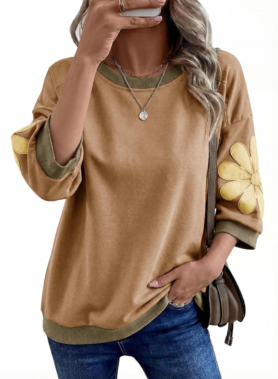 Dokotoo Women's Oversized 3/4 Sleeve Sweatshirt Floral Patch Crewneck Pullover Casual Tops - Image 2