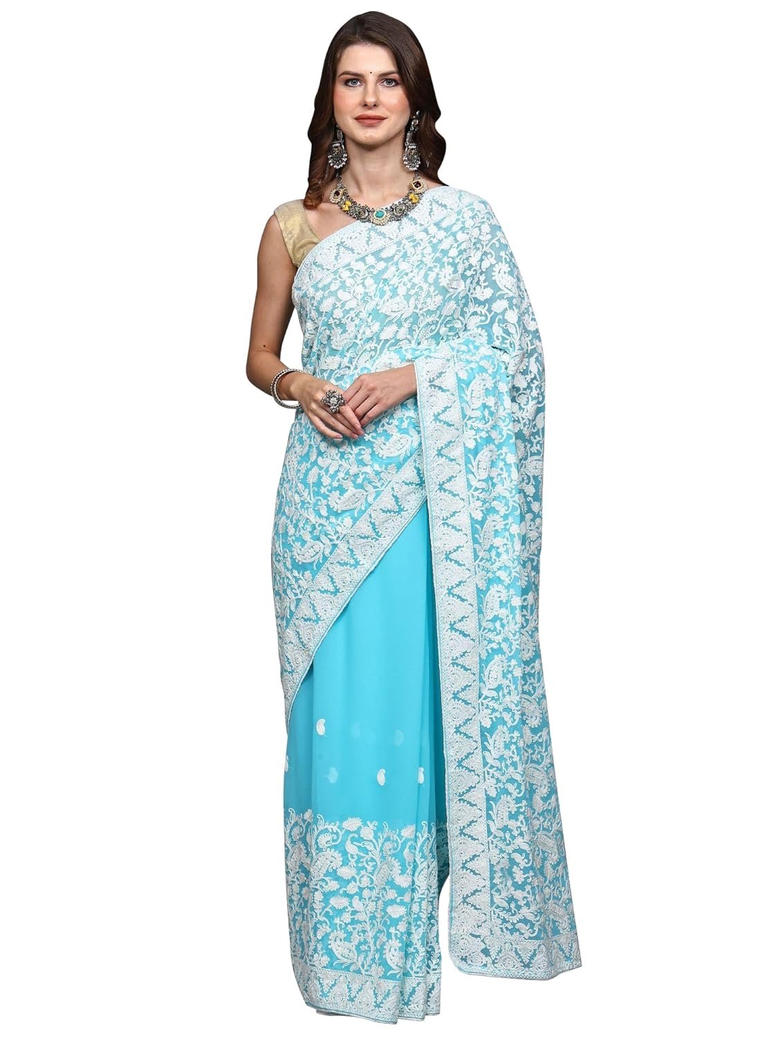 Exotic India Women's Kashmiri Georgette Saree with Aari Embroidered Flowers and Paisleys Jaal Design Saree with Blouse Piece - Image 2