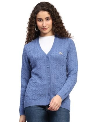 Monte Carlo Womens Regular Fit Self Designed V Neck Button Closure Full Sleeves Winter Cardigan| Warm Woolen Buttoned Sweater for Ladies | Stylish Knitted Cardigan for Women's (Pack of 1)