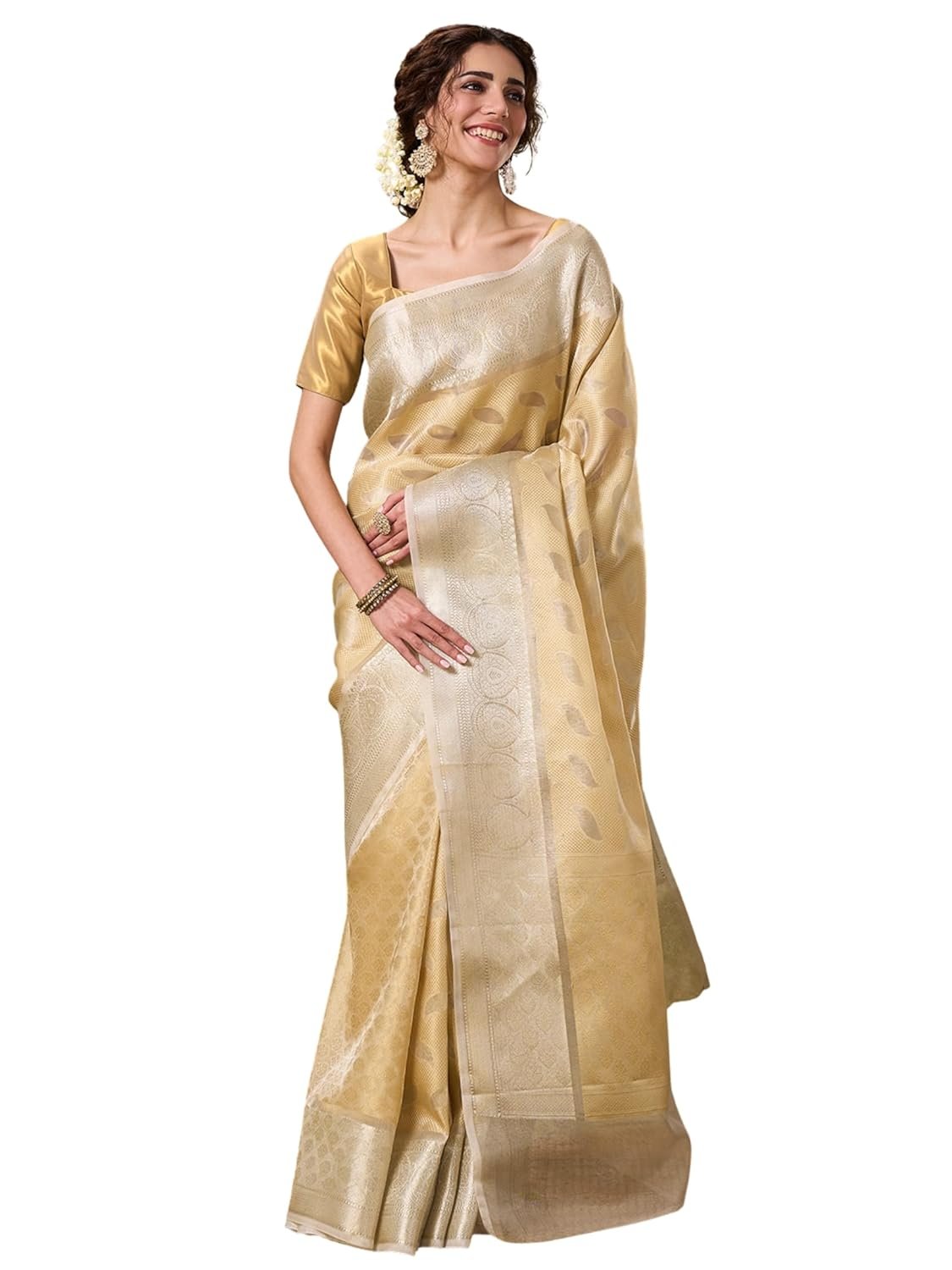 PAROKSH Women's Handloom Banarasi Saree with Unstitched Blouse Piece Kora Tissue Woven Red dot Golden Saree with Zari Pallu - Image 11