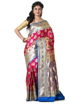 Women Katan Silk Banarasi Saree with All Over Golden Zari Border and Woven Design With Blouse Piece