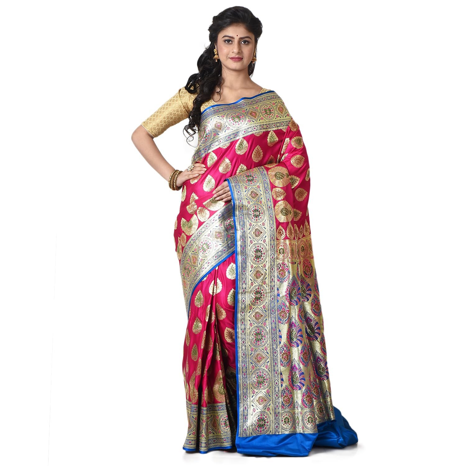 Women Katan Silk Banarasi Saree with All Over Golden Zari Border and Woven Design With Blouse Piece