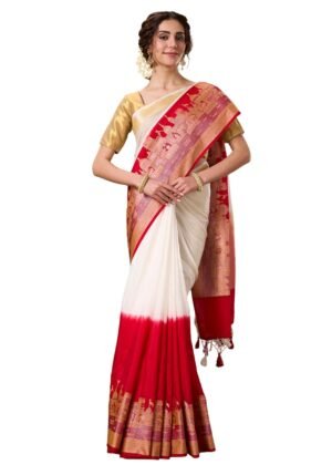 PAROKSH Women's Handloom Banarasi Saree with Unstitched Blouse Piece Kora Tissue Woven Red dot Golden Saree with Zari Pallu