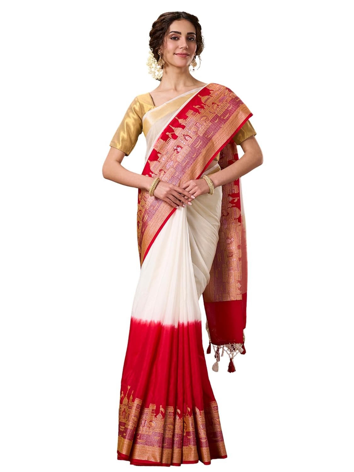PAROKSH Women's Handloom Banarasi Saree with Unstitched Blouse Piece Kora Tissue Woven Red dot Golden Saree with Zari Pallu