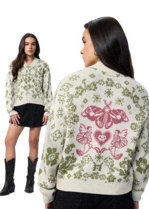 The Souled Store Fairytale Women and Girls Long Sleeves Round Neck Printed Knitted Acrylic Zippered Front Drop Shoulder Streetwear Trendy Oversized Sweater