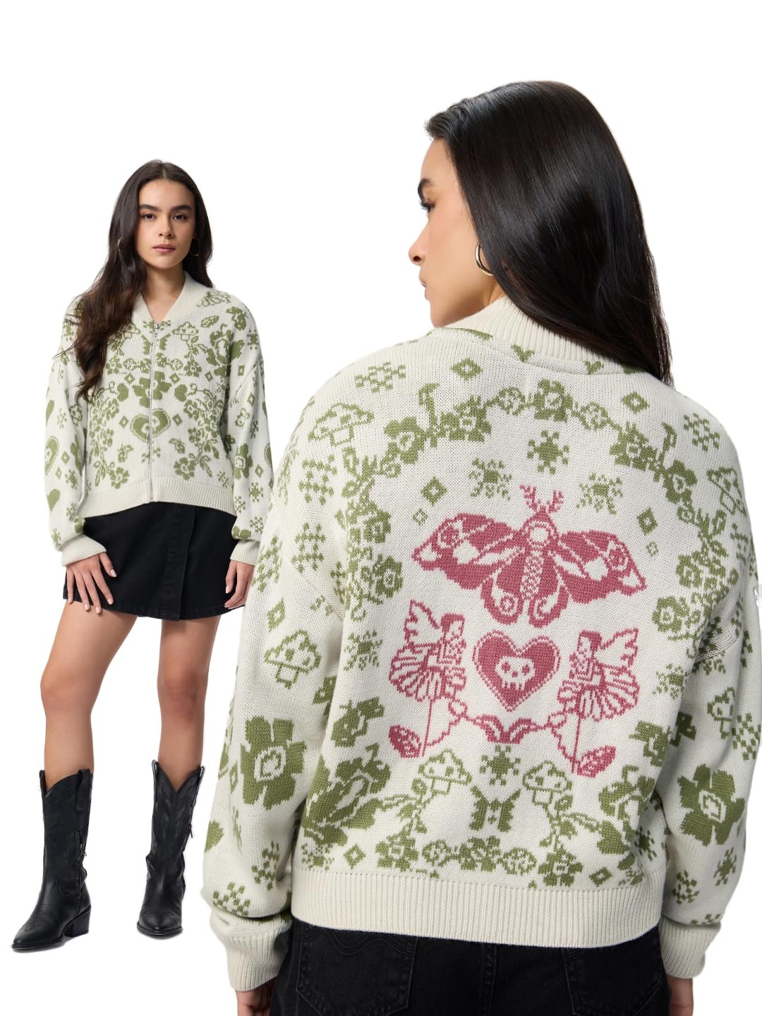 The Souled Store Fairytale Women and Girls Long Sleeves Round Neck Printed Knitted Acrylic Zippered Front Drop Shoulder Streetwear Trendy Oversized Sweater