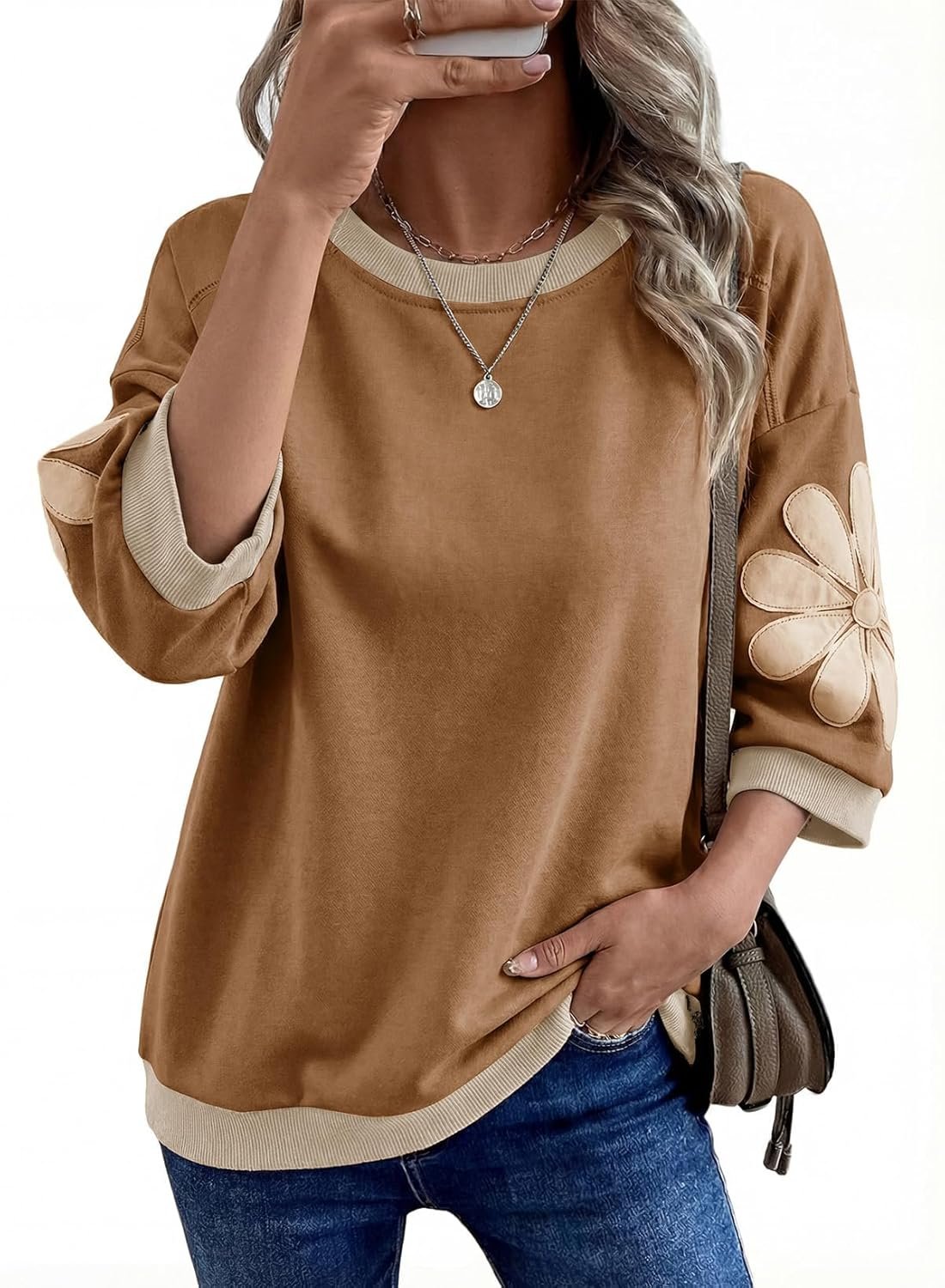 Dokotoo Women's Oversized 3/4 Sleeve Sweatshirt Floral Patch Crewneck Pullover Casual Tops
