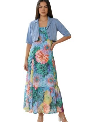 Aurelia Women's Floral Printed Flared Chinon Dress and Jacket Set