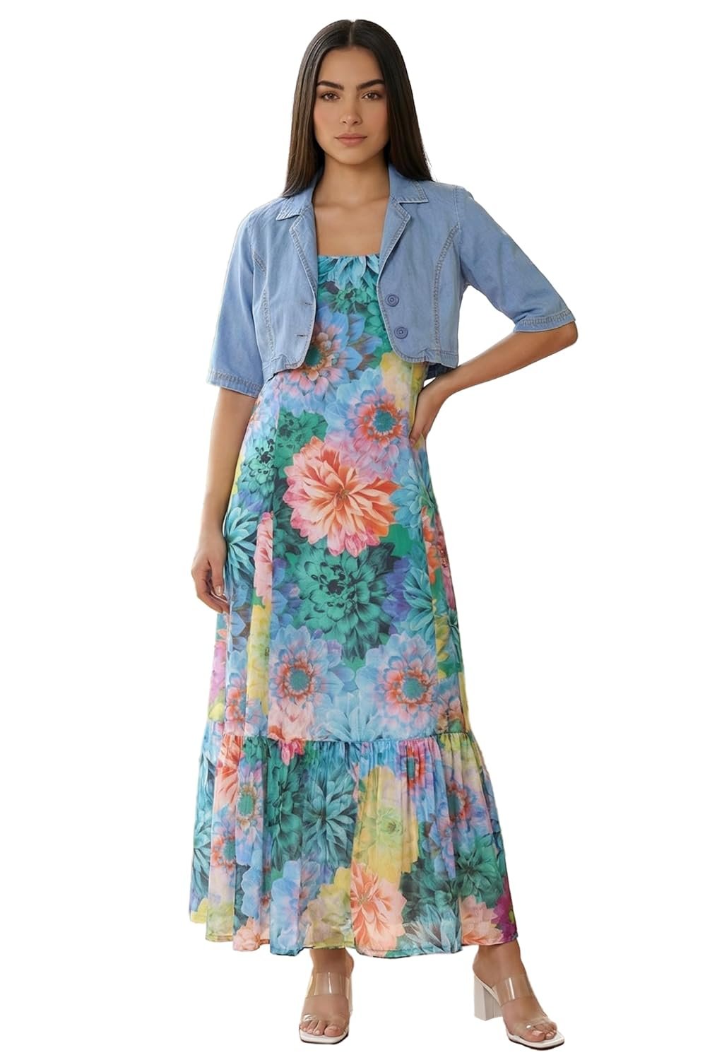 Aurelia Women's Floral Printed Flared Chinon Dress and Jacket Set