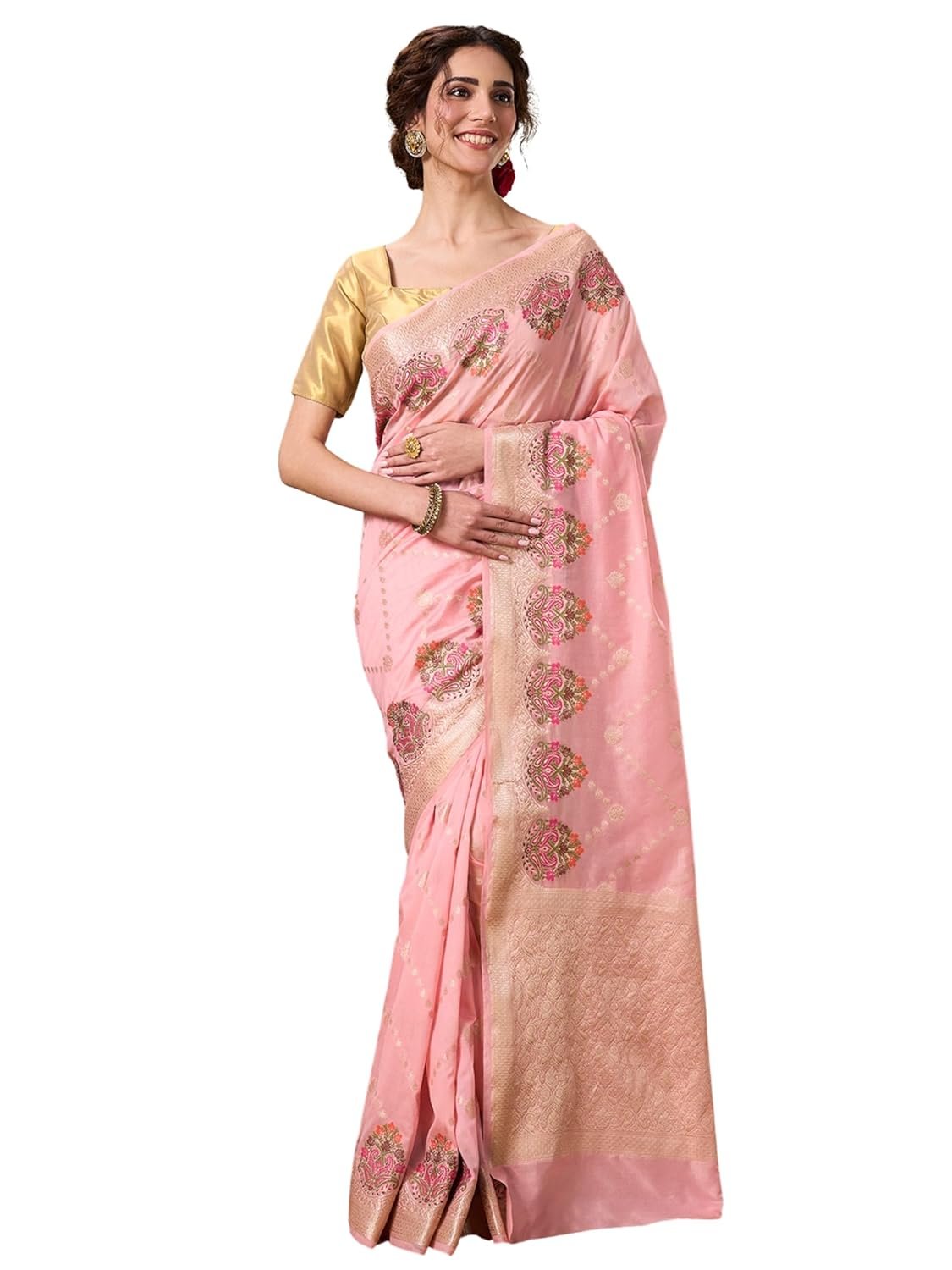 PAROKSH Women's Handloom Banarasi Saree with Unstitched Blouse Piece Kora Tissue Woven Red dot Golden Saree with Zari Pallu - Image 5